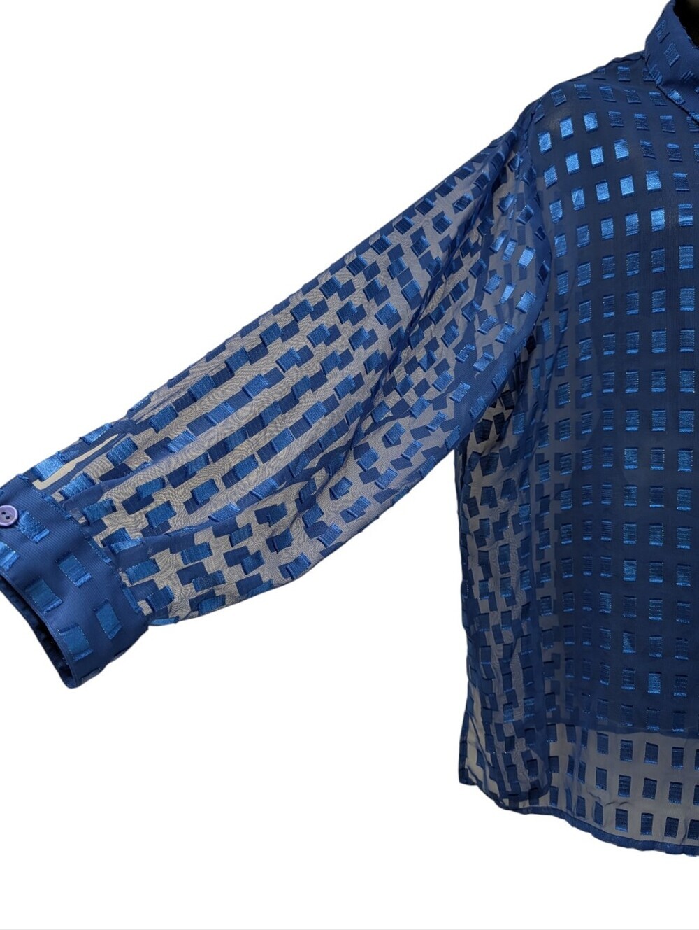 Notations Woman Blue Sheer Grid Metallic Button Down Blouse Top Plus Size 1X - Picture 4 of 8